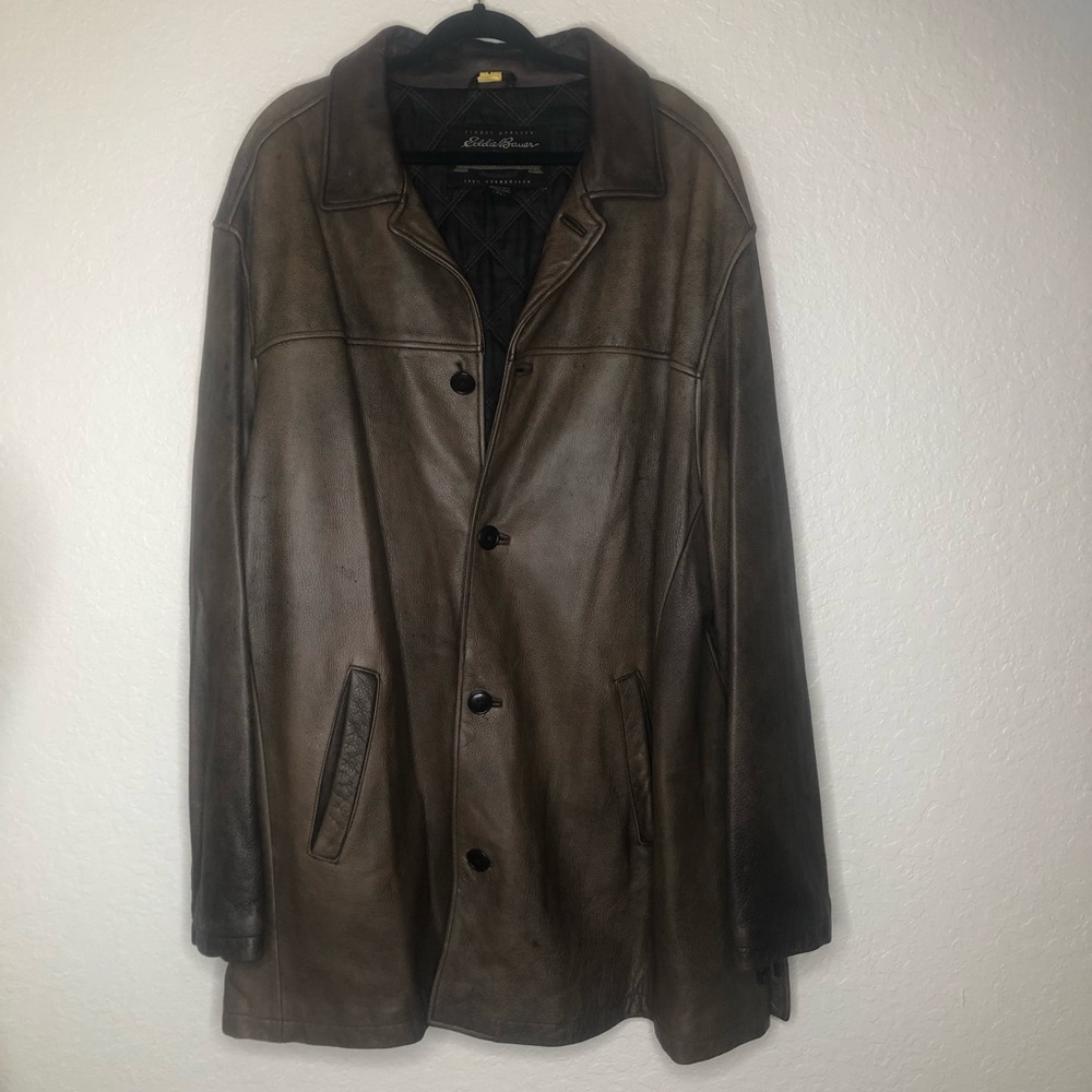 Vintage Eddie Bauer Brown Leather 3X Mid Length Bomber Jacket